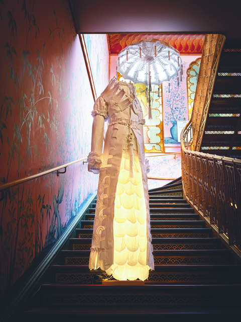 Title - Linked to History and Weeping Willow, Walking Dress and Parasol, The Regency Wardrobe Collection 2022 staircase Long Gallery The Royal Pavilion, Materials - Paper & Thread